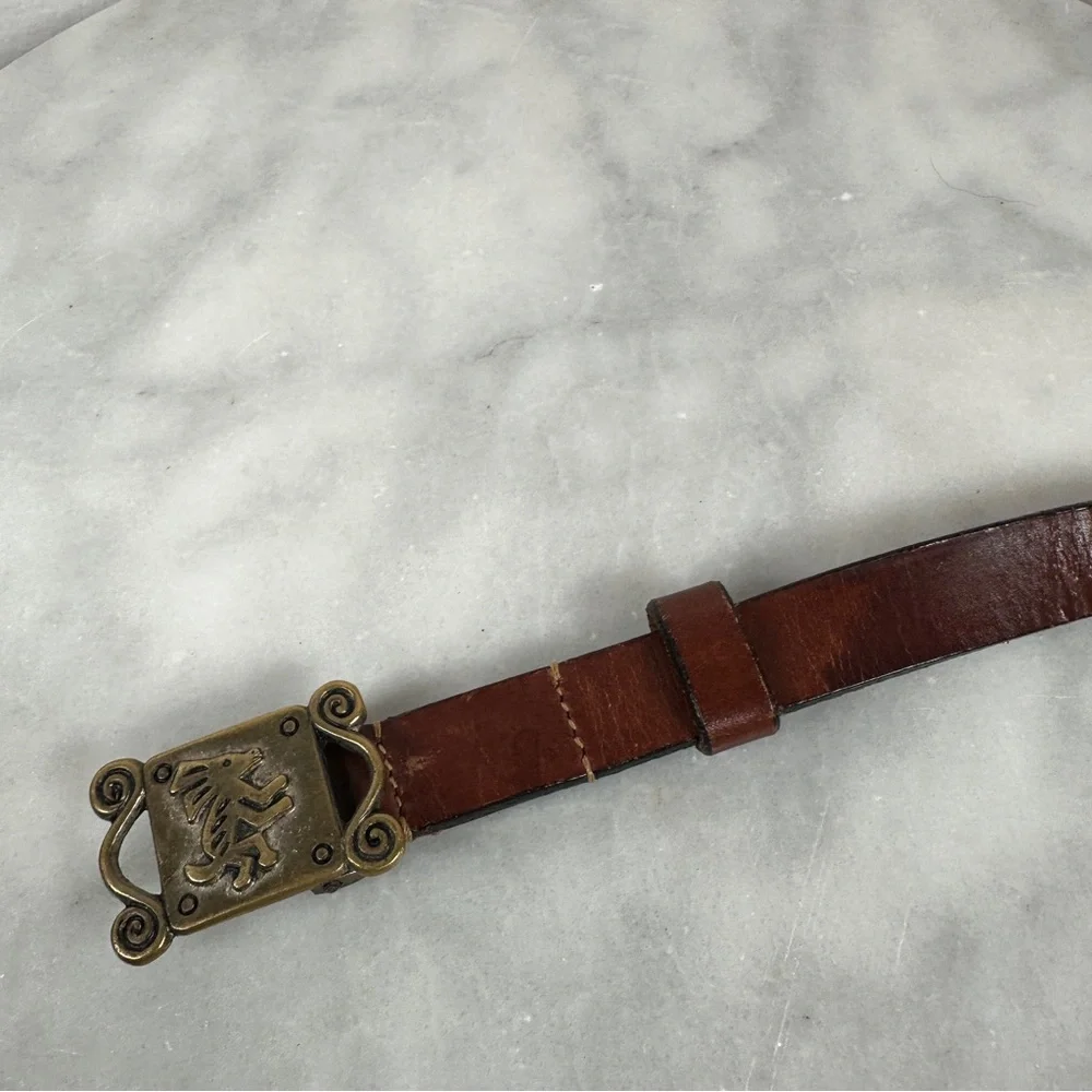 Vintage Chico’s large‎ Brown Leather Belt Brass Buckle thin boho bohemian